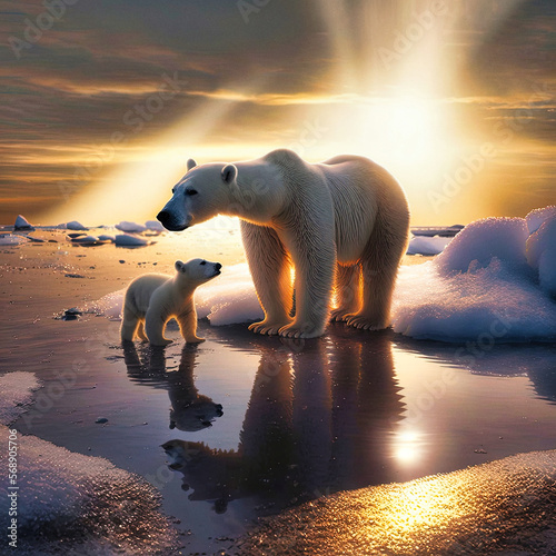 A polar bear mother and her cub at sunset - generative ai