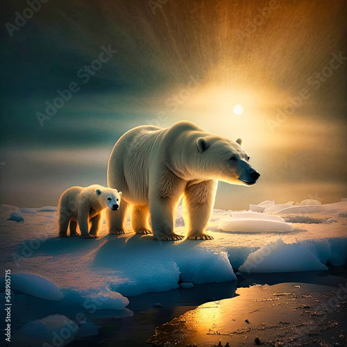 A polar bear mother and her cub at sunset - generative ai