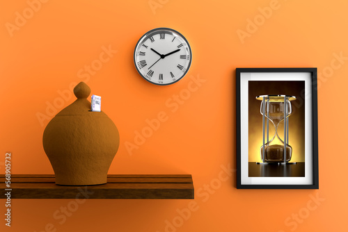 Indian Piggy Money Bank Gullak with Rupee 100 Note, Wall Clock and Photo Frame - 3D Illustration Render photo