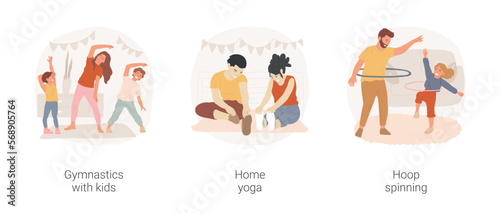 Home fitness isolated cartoon vector illustration set. Gymnastics online, parent and child doing workout, home yoga, stretching together, hoop spinning, hula-hooping, active family vector cartoon.