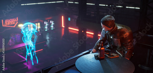 Cyberpunk human look at octopus hologram in nightclub, 3d render