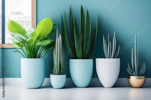 Beautiful juicy green lush indoor plants in the interior of the room against the background of the blue wall. AI generated.