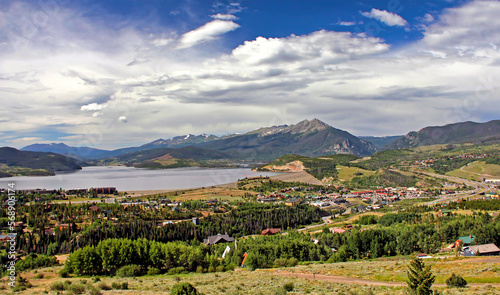 Panoramic view of Summit County, Colorado, with the towns of Dillon (left) and Silverthorne (right), Lake Dillon, and the Rocky Mountains' Tenmile Range 