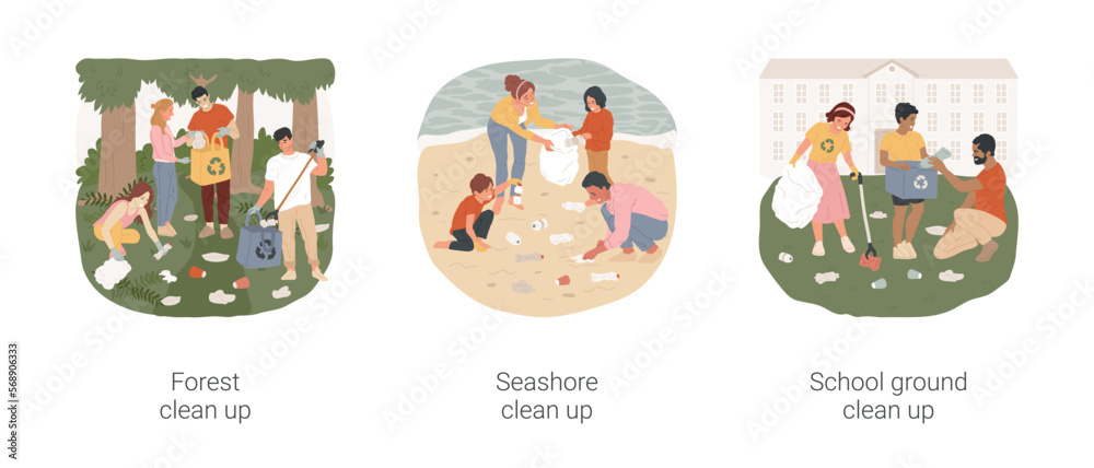 Outdoor clean up isolated cartoon vector illustration set. People collect trash in the forest, seashore clean up, picking rubbish in the school area, community volunteering vector cartoon.