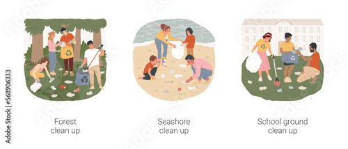 Outdoor clean up isolated cartoon vector illustration set. People collect trash in the forest, seashore clean up, picking rubbish in the school area, community volunteering vector cartoon.