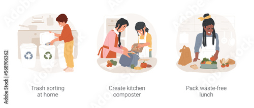 Garbage sorting isolated cartoon vector illustration set. Reduce reuse recycle, trash sorting at home, create kitchen composter, pack waste-free lunch, eco-friendly lifestyle vector cartoon.