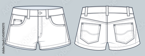 Denim low rice Shorts technical fashion illustration. Short Pants fashion flat technical drawing template, front and back view, white, women, men, unisex CAD mockup.