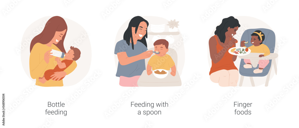 Baby meal isolated cartoon vector illustration set. Mom feeding the baby from the bottle, giving food from a spoon, child eating with fingers, trying new taste, childhood nutrition vector cartoon.