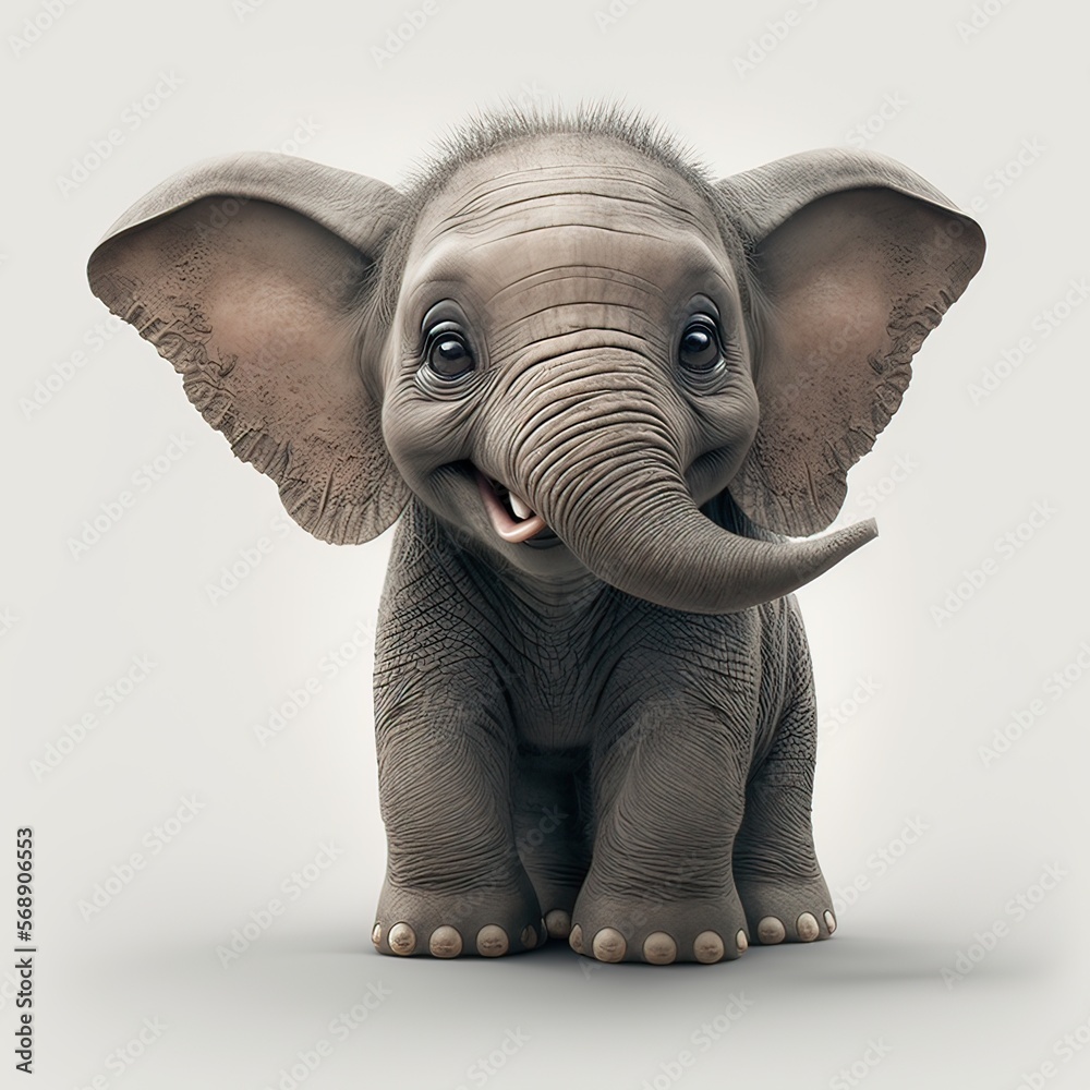 Close-up of a cute and funny elephant smiling, isolated on white background.