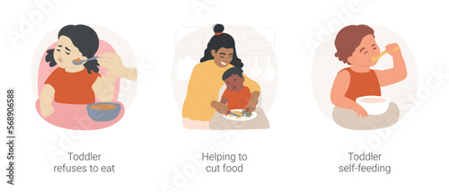 Feeding a toddler isolated cartoon vector illustration set. Toddler refuses to eat, naughty crying kid at table, mom helping to cut food, self-feeding, child independent eating vector cartoon.