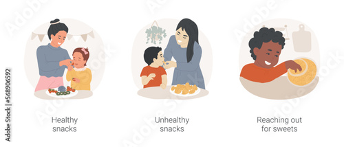 Toddler snacking isolated cartoon vector illustration set. Healthy snack, child eating fruit and vegetables, unhealthy meal, junk food, toddler reaching out for sweets, bad habit vector cartoon.
