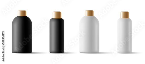 Set of modern empty white and black shampoo, gel, black and white jars with gold lids. Meket 3d for body care for men and women. Elite cosmetics.