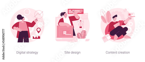 Online brand marketing abstract concept vector illustration set. Digital strategy, site design, content creation, web studio, corporate homepage, internet media analysis, copywrite abstract metaphor.