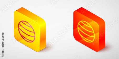 Isometric line Planet icon isolated on grey background. Yellow and orange square button. Vector