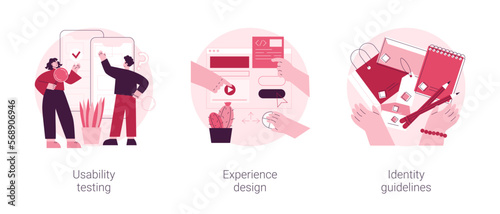 Web designer services abstract concept vector illustration set. Usability testing, experience design, identity guidelines, user experience test, UX and UI element, corporate ID abstract metaphor.