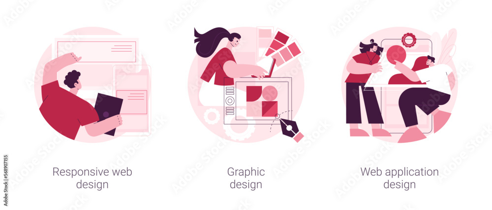 Graphic designer service abstract concept vector illustration set. Responsive web design, graphic and web application, UI and UX, landing page layout, user interface, CSS media abstract metaphor.