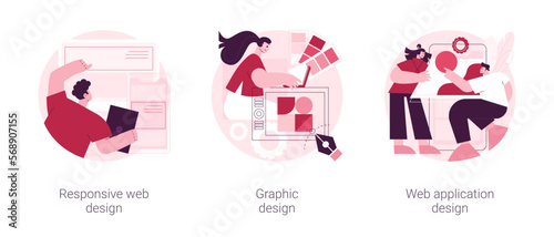 Graphic designer service abstract concept vector illustration set. Responsive web design, graphic and web application, UI and UX, landing page layout, user interface, CSS media abstract metaphor.