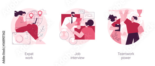 Hiring employees abstract concept vector illustration set. Expat work, job interview, teamwork power, migrant workers, choosing a candidate, prepare for interview, recruiter abstract metaphor.