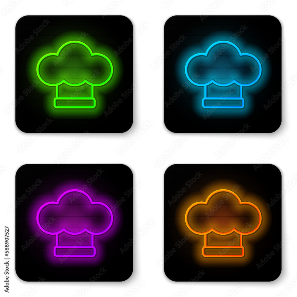 Glowing neon line Chef hat icon isolated on white background. Cooking symbol. Cooks hat. Black square button. Vector Glowing neon line Chef hat icon isolated on white background. Cooking symbol. Cooks hat. Black square button. Vector