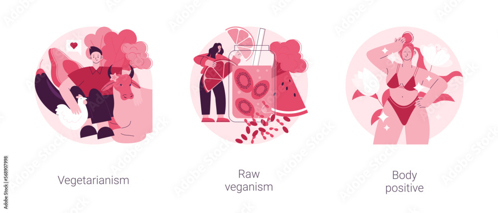 Healthy lifestyle abstract concept vector illustration set. Vegetarianism and raw veganism, body positive, juice and sprout diet, fresh organic products, body detox, self-confidence abstract metaphor.
