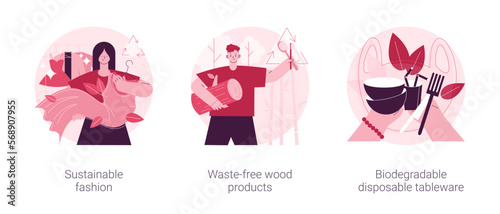Eco-friendly materials abstract concept vector illustration set. Sustainable fashion, waste-free wood products, biodegradable disposable tableware, zero waste, green technologies abstract metaphor.