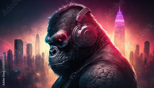 Gorilla with headphones and sunglasses  hip-hop style  new you york city in the background  cyberpunk colored  Generative AI