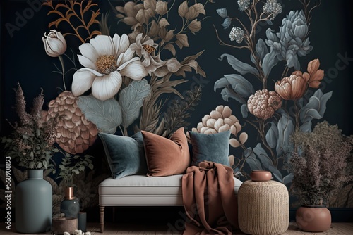 a cozy boho wallpaper design and interior decor featuring muted boho florals with muted greens and rust, AI assisted finalized in Photoshop by me