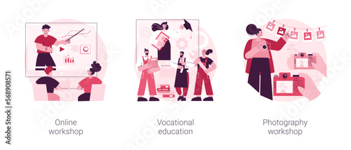 Professional learning abstract concept vector illustration set. Online workshop, vocational education, photography post processing and portfolio creation, student group, college abstract metaphor.