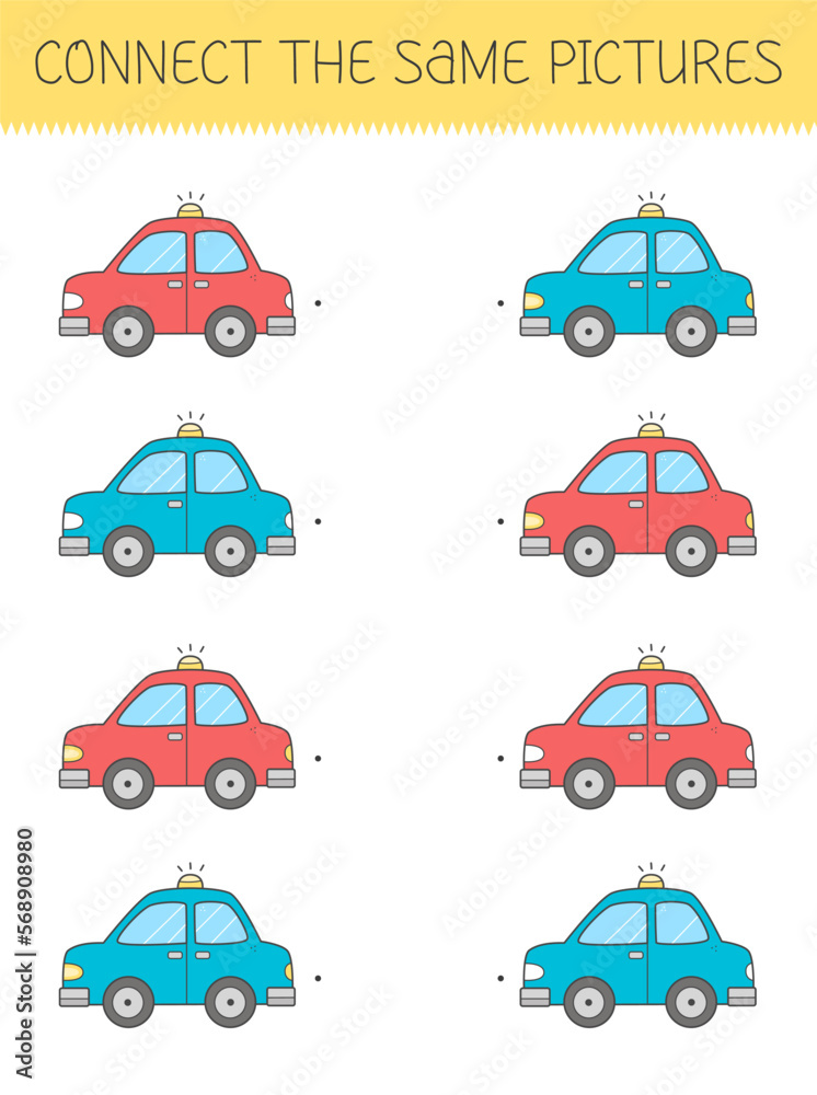 Connect the same pictures game with a cute cartoon car. Children's game with a car. Vector illustration.