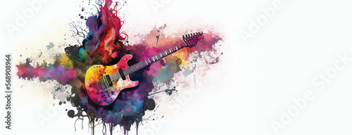 Electric guitar colorful watercolor illustration on white background, horizontal banner with copy space. Generative AI