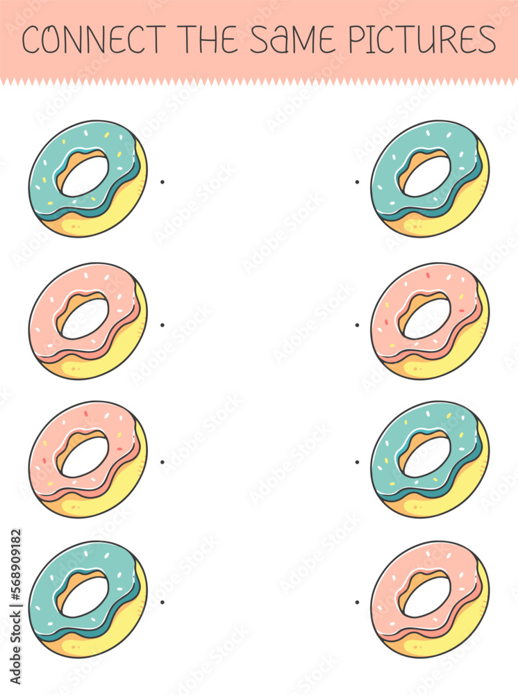 Connect the same pictures game with a cute cartoon donut. Children's game with a donut. Vector illustration.