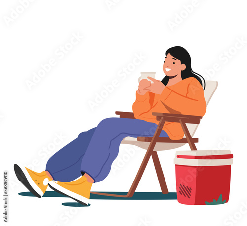 Woman Relax On Daybed, Drink Tea In Camping Isolated On White Background. Cozy, Peaceful Scene With Female Character