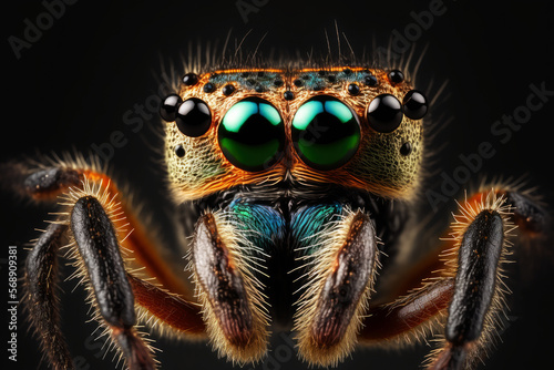 Jumping Spider Phidippus Regius on Black Background Mega Macro Shot - Generative AI