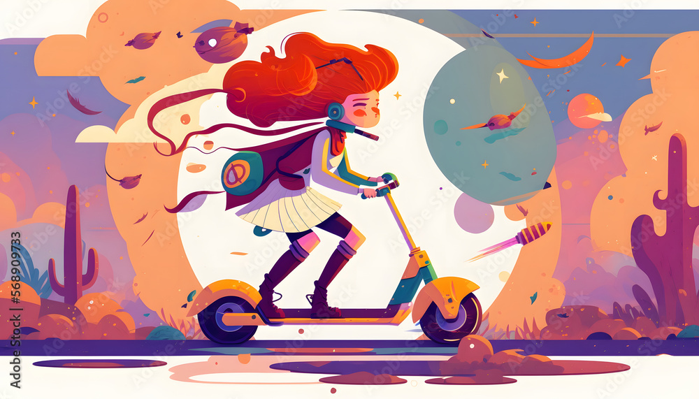 Fototapeta premium girl riding a scooter, vector illustration