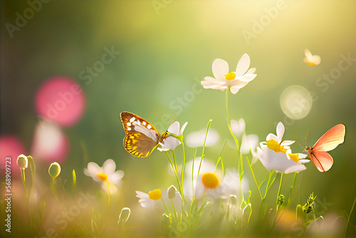 Spring nature banner with grass, flowers, butterflies and bokeh glow in sunny day. Created with Generative AI technology.  © iconogenic