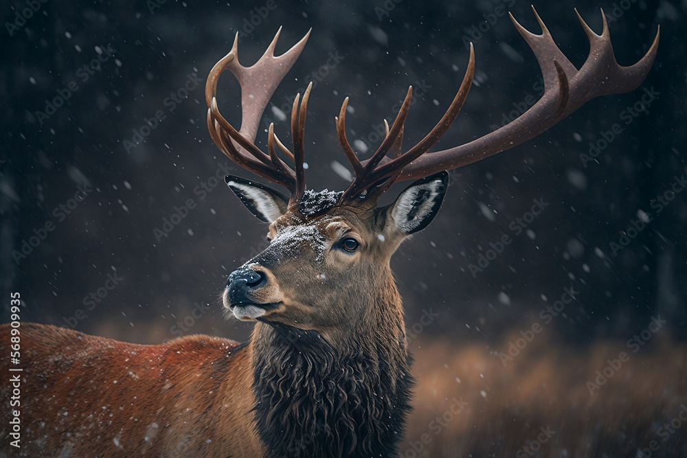Fototapeta premium A deer with big horns is standing in the middle of the forest, it's snowing