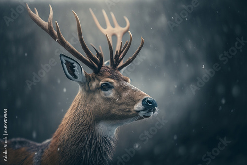 A deer with big horns is standing in the middle of the forest, it's snowing © Ivan