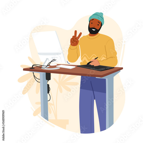 Graphic Designer Male Character Drawing With Stylus On Tablet Standing At Desk With Computer, Creative Man Work