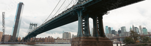 Fototapeta Naklejka Na Ścianę i Meble -  cityscape with contemporary New York skyscrapers and Manhattan bridge over Hudson river, banner.