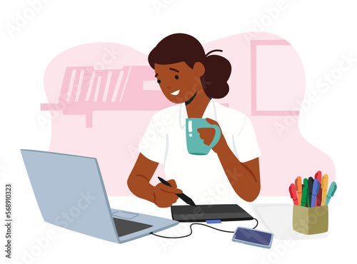 Young Female Character Graphic Designer Seated At Desk Using Computer Making Sketch On Tablet At Workplace