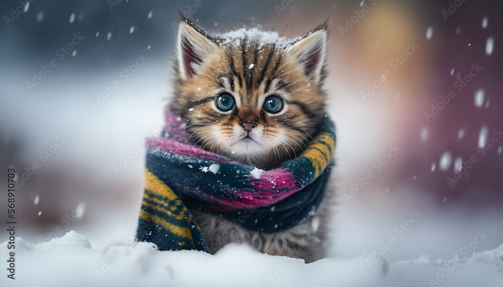 kitten with scarf in the middle of the snow