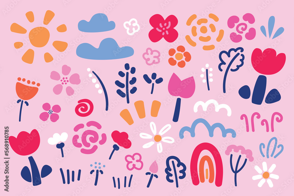Vector collection of flowers, plants, sun, clouds and rainbow in hand drawn style. Spring set in kids style Vector collection of flowers, plants, sun, clouds and rainbow in hand drawn style. Spring set in kids style