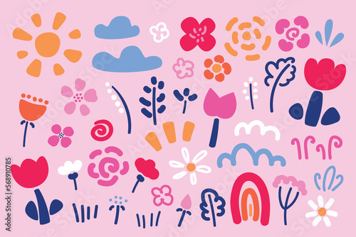 Vector collection of flowers, plants, sun, clouds and rainbow in hand drawn style. Spring set in kids style