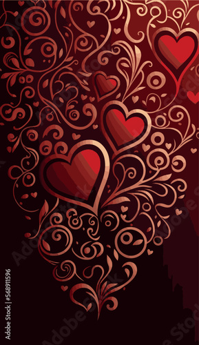 Vertical background of small hearts with an ornament of curls  in red colors  valentine s day