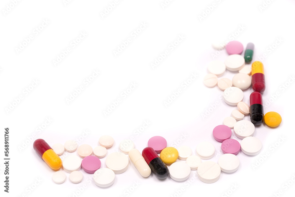 pills on a white isolated background. view from above. pills background pills on a white isolated background. view from above. pills background