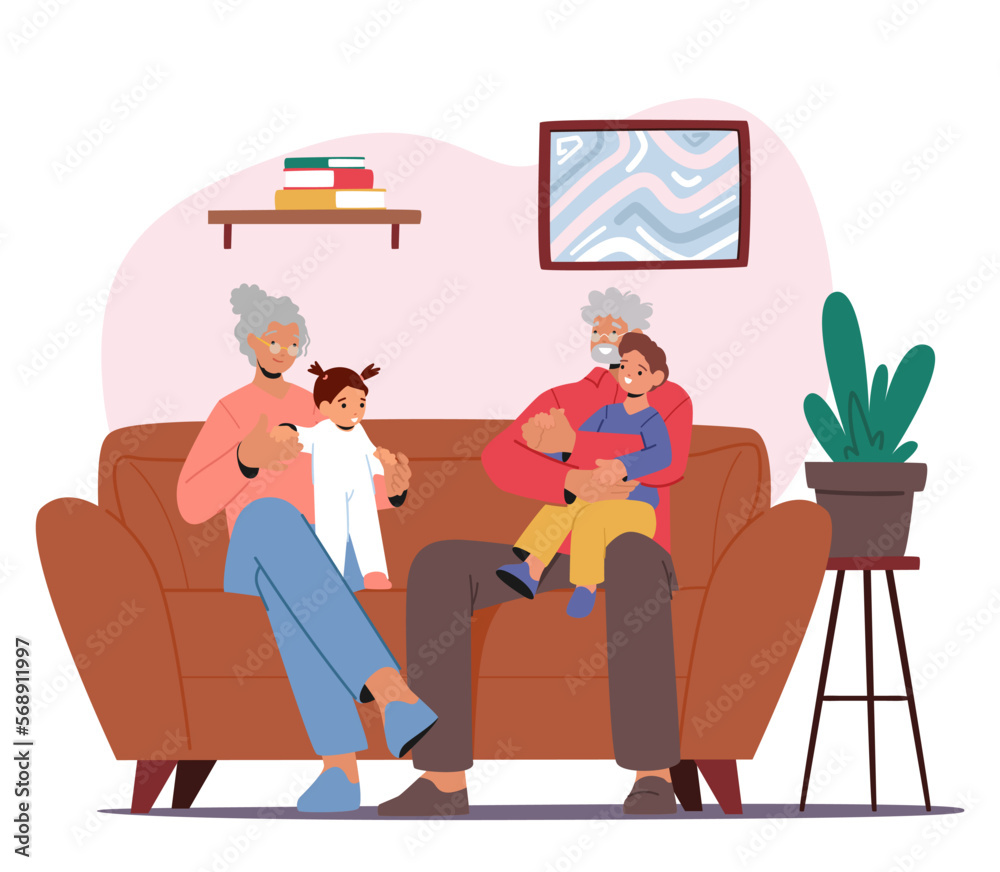 Happy Family Characters Grandparents And Children Spending Time Together At Home. Grandmother And Grandfather Playing