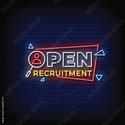 Neon Sign open recruitment with brick wall background vector