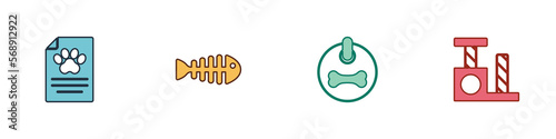 Set Clinical record pet, Fish skeleton, Dog collar and Cat scratching post icon. Vector