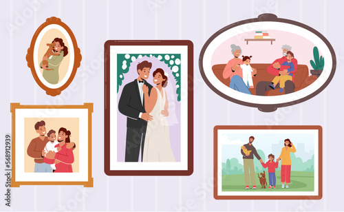 Set Of Happy Family Photos In Frames, Parents Holding Baby On Hands, Smiling Children And Grandparents, Newlyweds