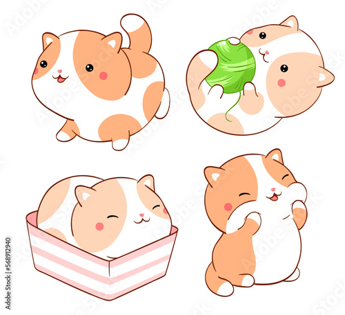 Set of cute fat cats kawaii style. Collection of lovely little kitty - play with a ball of yarn, sleeps in box. Can be used for t-shirt print, stickers, greeting card. Vector illustration EPS8